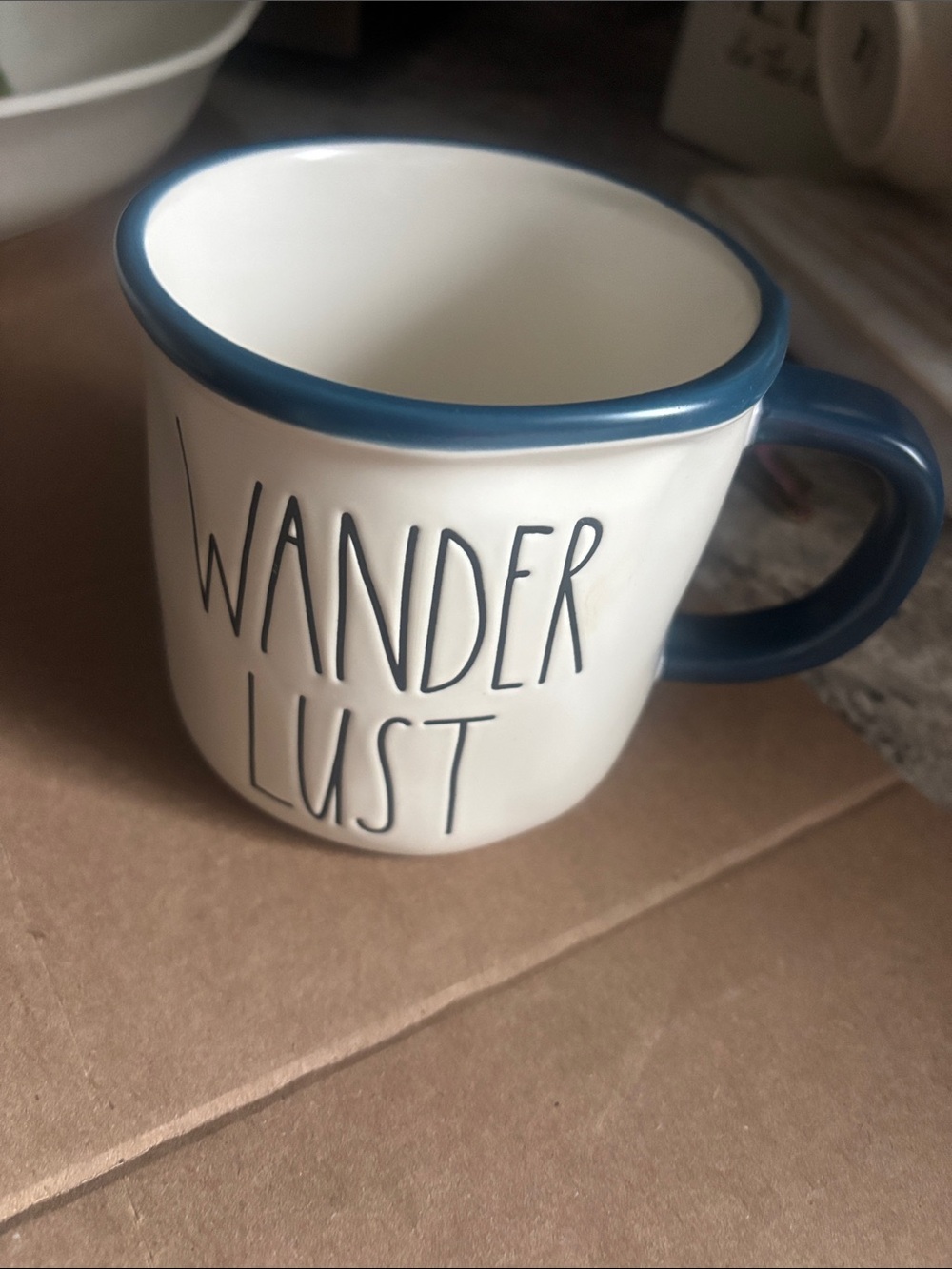 Rae Dunn White Mug with Blue Rim and Handle - WANDER LUST